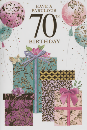 Help your customers celebrate a truly special milestone with our exquisite Age 70 Female birthday card from Simon Elvin. This beautiful design radiates elegance and joy, perfect for honouring a fabulous 70th birthday. Adorned with a delightful mix of soft pink, purple, and teal hues, the card features charming floral-patterned balloons and a stack of intricately designed gift boxes, complete with elegant bows and a delicate butterfly. The "Have a Fabulous 70th Birthday" message is presented in a sophisticated script, ensuring a memorable greeting. Offer your shoppers this stunning card, available in a convenient pack of 6, to help them convey their warmest wishes on this significant occasion.