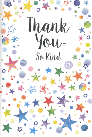 Express heartfelt gratitude with these delightful 'Thank You' cards from Simon Elvin. Featuring a vibrant explosion of colourful stars and playful dots, these cards are sure to bring a smile to any recipient. The charming handwritten 'Thank You - So Kind' message is perfect for showing appreciation for any thoughtful gesture.
These cheerful cards offer a beautiful way to convey thanks for any occasion, from gifts to acts of kindness. Stock up on this popular design, supplied in a convenient 1x6 pack, and provide your customers with a truly lovely option for expressing their gratitude. A wonderful addition to any card display!