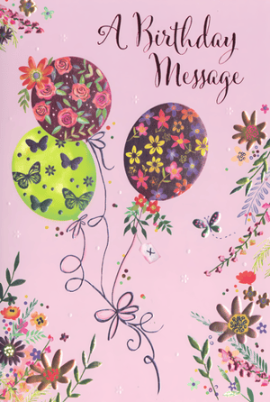 Send a beautiful birthday message with this delightful card from Simon Elvin. Featuring an enchanting design, it showcases three vibrant balloons adorned with intricate floral and butterfly patterns, set against a soft pink background. Delicate strings tie the balloons together, complemented by scattered confetti and charming floral accents in every corner. A fluttering butterfly adds a touch of whimsy. Perfect for celebrating any special woman, this card