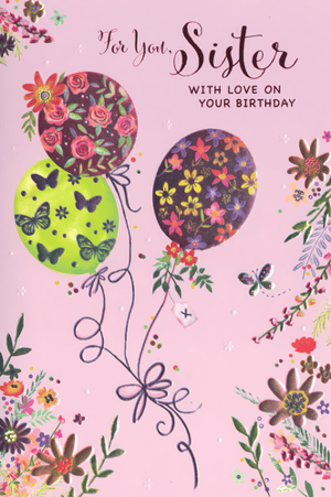 This charming 'Sister' birthday card from Simon Elvin offers a wonderful design for celebrating a special bond. Set against a soft pink background, the card features three eye-catching balloons, each adorned with unique floral and butterfly patterns in vibrant colours. Elegant, swirling strings tie the balloons together with a pretty bow, complemented by scattered flowers and a delicate butterfly motif. The clear message, 'For You, Sister WITH LOVE ON YOUR BIRTHDAY', conveys warm wishes beautifully. A delightful choice for any sister, this card comes in a convenient pack of 6.