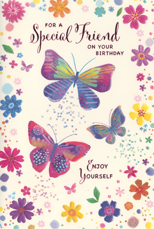 Brighten a special female friend's birthday with this enchanting card. Adorned with a kaleidoscope of vibrant butterflies and a delightful array of colourful flowers, it's perfect for conveying warm wishes. The intricate patterns and cheerful message "FOR A Special Friend ON YOUR BIRTHDAY ENJOY YOURSELF" make it a truly lovely choice.
Each pack contains 6 of these charming cards, ready to bring joy to your customers. A wonderful addition to any greeting card selection, offering a touch of natural beauty and heartfelt sentiment for that special friend.