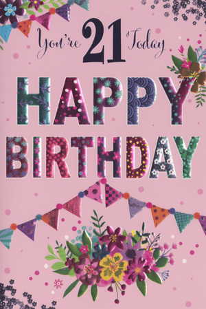 Mark a momentous 21st birthday with this absolutely delightful card, designed especially for her! Bursting with vibrant colours and charming details, this card features a prominent 'You're 21 Today' message, beautifully complemented by bold, patterned 'Happy Birthday' lettering.

Adorned with pretty floral bouquets and playful bunting, it's the perfect way to send warm wishes on such a special milestone. The lovely pink background and intricate designs make it a truly memorable keepsake for any young woman celebrating her big day. This card is sure to bring a smile and add an extra touch of joy to her celebrations.