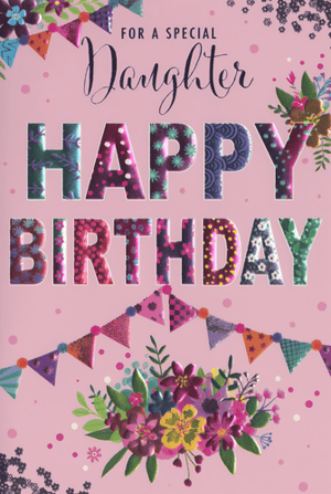 Celebrate a special daughter's birthday with this wonderfully vibrant card from Simon Elvin. Featuring a delightful pink background, the design bursts with colour and charm. Elegant script announces 'FOR A SPECIAL Daughter', while 'HAPPY BIRTHDAY' shines in large, eye-catching letters, each adorned with unique, shimmering patterns and a touch of sparkle.

Beautiful floral clusters and festive bunting add to the celebratory feel, making this card truly stand out. It's the perfect choice for showing appreciation and love on her special day. Available in a convenient pack of 6, this card is sure to be a popular pick for your customers.