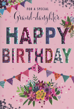 Celebrate a special granddaughter's birthday with this enchanting card from Simon Elvin. Set against a lovely pink backdrop, the design features eye-catching "HAPPY BIRTHDAY" lettering, each letter adorned with unique and vibrant patterns, from playful polka dots to intricate florals. Colourful bunting and beautiful floral arrangements add to the celebratory feel, creating a truly cheerful and delightful card. It's the perfect way to convey heartfelt birthday wishes to a beloved granddaughter. Supplied in a convenient pack of 6, you'll be ready for every special occasion.