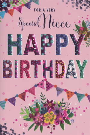 Celebrate a special niece's birthday with this vibrant and cheerful greeting card from Simon Elvin. Featuring a delightful pink background, the card is adorned with colourful bunting and beautiful floral illustrations. The prominent 'HAPPY BIRTHDAY' message, alongside 'FOR A VERY Special Niece', stands out with its eye-catching patterned and possibly foiled lettering, adding a touch of sparkle to the design. Perfect for making any niece feel truly cherished on her special day. This lovely card comes in a convenient pack size of 1x6, ready to brighten up your retail display.