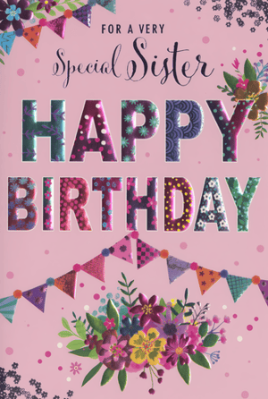 Make a sister's birthday extra special with this vibrant card from Simon Elvin. Set against a cheerful pink background, the design features delightful bunting and charming floral accents. The heartfelt message "FOR A VERY Special Sister HAPPY BIRTHDAY" takes centre stage. "Special Sister" is elegantly scripted, while "HAPPY BIRTHDAY" pops with bold, colourful, and patterned letters, enhanced by a lovely metallic sheen. This eye-catching card is perfect for conveying warm wishes and celebrating a cherished bond. Available in a convenient pack of 6, it's a brilliant addition to any card display.
