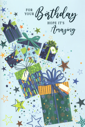 Offer your customers a stylish way to celebrate with our "Open Birthday Male" cards from Simon Elvin. This appealing design showcases a lively arrangement of wrapped gifts in a contemporary mix of blues, greens, and oranges, all set on a light blue background. Scattered stars and confetti dots enhance the festive atmosphere. The clear message, "FOR YOUR Birthday HOPE IT'S Amazing," makes this card a great choice for any man. Available in a wholesale pack of 6, these cards are a practical addition to your retail selection, ensuring you have quality options for every birthday.