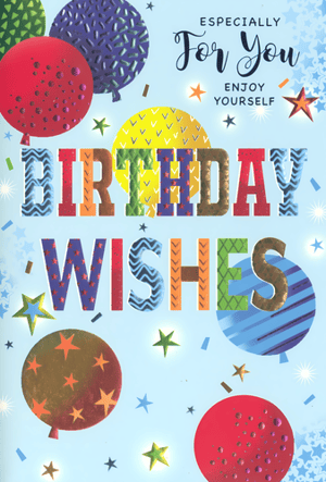 Brighten any birthday with this wonderfully vibrant card from Simon Elvin! Our "Open Birthday Male" card is bursting with celebratory cheer, featuring a playful design of colourful balloons, sparkling stars, and confetti against a cheerful blue background.
The bold, patterned lettering spells out "BIRTHDAY WISHES," complemented by the heartfelt message "ESPECIALLY For You, ENJOY YOURSELF." This versatile card is an excellent choice for men of all ages, offering a fun and festive way to mark their special day. Stock up on this popular design, available in convenient 1x6 packs, and provide your customers with the perfect card for any male birthday celebration.