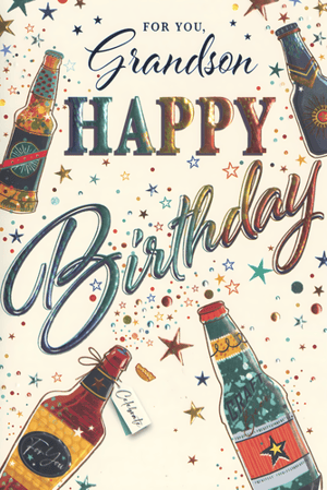 Celebrate your Grandson's special day with this vibrant birthday card from Simon Elvin! This eye-catching design features a lively array of colourful, festive bottles, scattered confetti, and sparkling stars, creating a truly celebratory atmosphere. The bold, metallic-effect lettering spells out "HAPPY BIRTHDAY" with "FOR YOU, Grandson" in elegant script above. Perfect for making any Grandson feel cherished, this card is sure to stand out on the shelves. Each pack contains 6 identical cards, making it easy to stock up on this popular design. A fantastic choice for retailers looking to offer high-quality, cheerful birthday greetings.