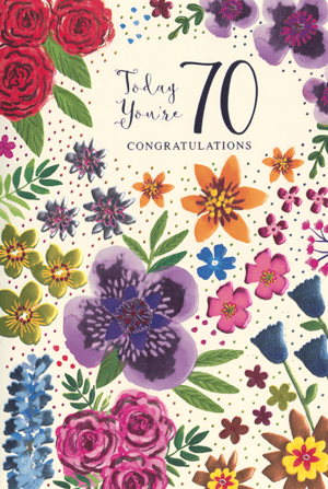 Mark a truly special 70th birthday with this beautiful and vibrant greeting card. Bursting with an exquisite array of colourful flowers, including rich red roses, cheerful purple blossoms, and sunny orange blooms, this design is sure to delight. The elegant script proudly announces 'Today You're 70' alongside a heartfelt 'CONGRATULATIONS'.
Perfect for celebrating a wonderful woman, this card's charming floral details and cheerful palette make it an unforgettable way to honour her milestone birthday. A delightful choice for such a significant occasion!