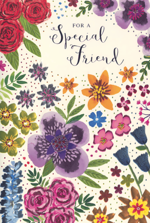 Celebrate the wonderful women in your life with this delightful 'For A Special Friend' greeting card. Featuring a stunning array of vibrant, hand-painted style flowers in a cheerful palette of reds, purples, oranges, and blues, this card is sure to bring a smile to any friend's face. The charming dotted background adds a touch of whimsy, making it truly stand out. It's the perfect way to express your appreciation and warm wishes to a cherished female friend. Stock up on these beautiful cards, available in convenient packs of six, and ensure you always have the ideal card for those special moments.