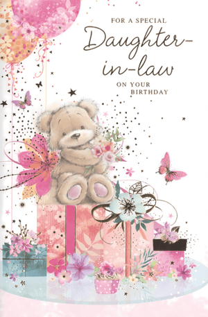 Presenting a lovely birthday card for a Daughter-in-law, brought to you by Simon Elvin. This design showcases a sweet teddy bear holding a floral bouquet, seated on a stack of beautifully wrapped presents.
The card's artwork is enhanced with soft pink balloons, graceful butterflies, and a scattering of celebratory confetti, creating a warm and inviting scene. Its gentle colour scheme and detailed illustrations offer a thoughtful way to send birthday greetings.
An ideal addition to your greeting card selection, this design allows customers to express their affection. Available in a convenient pack size of 1x6.