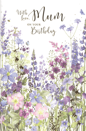 Show Mum how much she means to you with this delightful birthday card. Adorned with a charming watercolour illustration, it features a beautiful meadow of wildflowers in soft shades of purple, blue, and pink. Delicate butterflies flutter amongst the blooms, adding a touch of natural elegance. The heartfelt message 'With Love, Mum ON YOUR Birthday' makes this card a truly special way to celebrate her day. Crafted by Simon Elvin, this lovely card is designed to bring a smile. Available in a convenient pack of 6, ensuring you always have a thoughtful option ready.