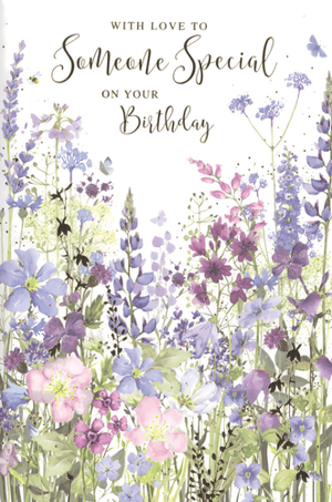 Offer your customers a truly beautiful way to celebrate a special woman's birthday with this exquisite card from Simon Elvin. Featuring a stunning watercolour design of a vibrant wildflower meadow, bursting with delicate purples, blues, and pinks, it's a visual delight. The elegant script reads "WITH LOVE TO Someone Special ON YOUR Birthday," making it perfect for a mum, sister, friend, or any cherished female. Adorned with charming butterflies and a busy bee, this card beautifully conveys heartfelt wishes. Stock up on this delightful design, available in a convenient pack of 6, and ensure your shelves are ready for every special occasion.