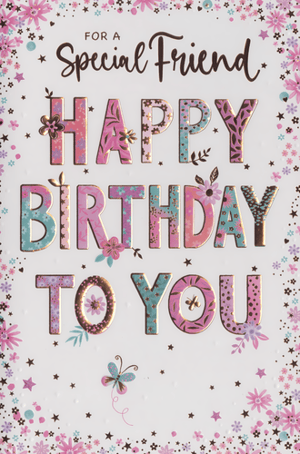 Celebrate a special friend's birthday with this charming card from Simon Elvin. Our 'Friend Female' design features a lovely mix of pastel pinks, blues, and purples, complemented by intricate floral patterns, subtle stars, and elegant gold foiling. The prominent 'HAPPY BIRTHDAY TO YOU' message stands out beautifully with its embossed finish, creating a delightful card for those cherished connections. Each card offers a quality feel, perfect for conveying warm wishes. Available in a convenient pack of 6, it's a wonderful choice to enhance your greeting card range.