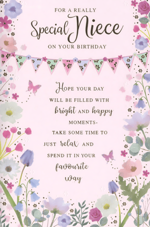 Celebrate your wonderful niece's birthday with this enchanting card from Simon Elvin. Adorned with delicate watercolour flowers, playful butterflies, and charming bunting on a soft pink backdrop, it's designed to bring a warm smile to her special day. The thoughtful message inside wishes her 'bright and happy moments,' encouraging her to 'relax and spend it in your favourite way.' It's the perfect way to show your special niece how much she's cherished. Available in convenient packs of 6, this popular design is a must-have for your card selection.