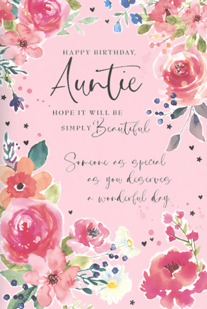 Make your Auntie's birthday extra special with this delightful card from Simon Elvin. Adorned with a charming watercolour floral design in vibrant pinks and blues, set against a soft pink background, it's truly eye-catching. The elegant script wishes her a "Happy Birthday, Auntie" and hopes her day will be "Simply Beautiful." Inside, a warm message reads, "Someone as special as you deserves a wonderful day," making it the perfect way to show your love and appreciation. This lovely card is ideal for retailers looking to offer a thoughtful and beautifully designed option for customers celebrating their beloved Aunties. Supplied in a wholesale pack of 6.