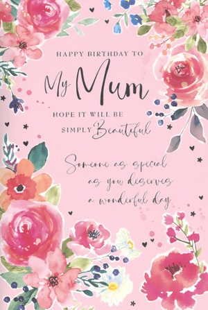 Celebrate Mum with this truly lovely birthday card from Simon Elvin. Featuring a delightful watercolour floral design in soft pinks, reds, and blues, it's adorned with charming little hearts and stars, creating a wonderfully warm aesthetic. The heartfelt message reads, "Happy Birthday to My Mum, Hope it will be Simply Beautiful. Someone as special as you deserves a wonderful day." This card perfectly captures the love and appreciation for a special Mum. Available in a convenient pack of 6, it's an ideal choice for retailers looking to offer beautiful, high-quality cards for this important occasion.
