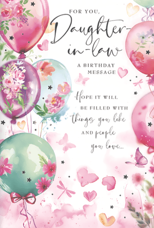 Help your customers celebrate their beloved Daughter-in-Law with this exquisite birthday card from Simon Elvin. Adorned with a charming watercolour design, it features an array of vibrant balloons, delicate floral arrangements, and whimsical butterflies in beautiful shades of pink, purple, and teal. The heartfelt message inside reads: "Hope it will BE FILLED WITH things you like AND people you love...", conveying a truly warm sentiment. This visually stunning card is perfect for retailers seeking to offer high-quality, thoughtful options for family birthdays. Supplied in a convenient pack of 6, ensuring you're well-stocked for every occasion.