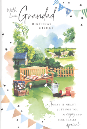 Celebrate Grandad's special day with this charming birthday card, featuring a beautiful watercolour illustration. The serene garden scene, complete with a cosy bench, gardening essentials, and picturesque countryside views, evokes a sense of peace and relaxation. Adorned with delightful bunting, the card carries a heartfelt message: "Today is meant just for you to enjoy and feel really special." It's the perfect way to show your Grandad how much he means to you. Supplied by Simon Elvin, each pack contains 6 identical cards, ready to bring a smile to Grandads everywhere.