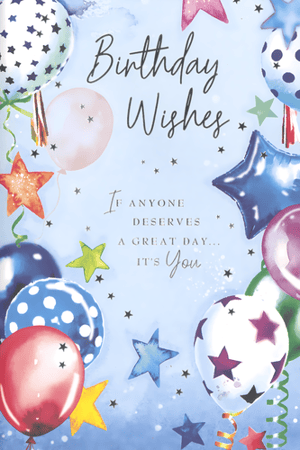 Make every birthday celebration extra special with this delightful 'Open Birthday Male' card from Simon Elvin. Bursting with vibrant colours and cheerful designs, this card features an array of festive balloons and sparkling stars against a soft blue background, creating a truly uplifting scene. The elegant script reads, "Birthday Wishes," followed by the heartfelt sentiment, "If anyone deserves A GREAT DAY... IT'S You." It’s the perfect way to convey your warmest wishes to any male recipient. Each card is crafted with care, ensuring a high-quality finish that your customers will adore. Available in a convenient pack of 6, these cards are a wonderful addition to any greeting card display, ready to bring smiles on their special day.