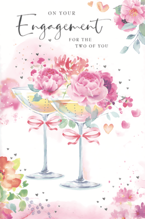 Celebrate the joyous news of an engagement with this absolutely stunning card from Simon Elvin. Featuring a beautiful watercolour design, two elegant champagne flutes overflow with delicate pink and red blooms, tied with charming bows – a truly romantic touch! The heartfelt message, 'On Your Engagement For The Two Of You', is presented in a stylish script, perfectly complementing the soft, celebratory colour palette. Adorned with subtle hearts and artistic splatters, this card exudes warmth and happiness. A perfect choice for customers looking for a truly special way to congratulate the happy couple. Available in a convenient pack of 6, ensuring you're always stocked with this delightful design.
