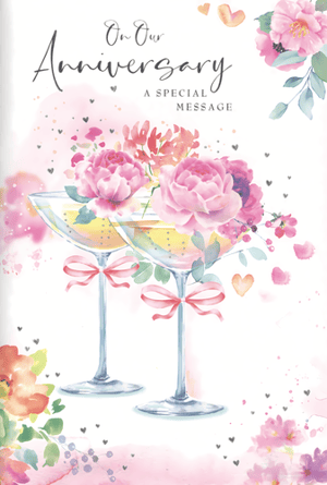 Help your customers celebrate special moments with our lovely 'Our Wedding Anniversary' card from Simon Elvin. This charming design showcases a beautiful watercolour illustration of two champagne glasses, adorned with pink bows and brimming with delicate pink and red flowers. Gentle pink washes and scattered hearts add a romantic and celebratory touch, making it ideal for marking an anniversary. The elegant 'On Our Anniversary' script completes this thoughtful card. Supplied in a convenient pack of 6, it's a wonderful addition to your greeting card range, sure to appeal to those looking for a heartfelt way to express their love.