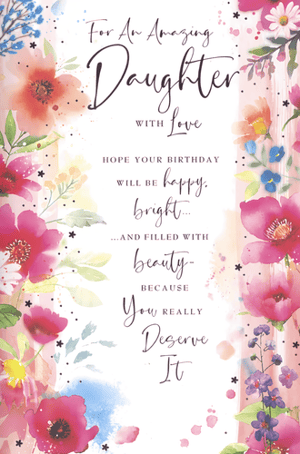 Celebrate your amazing daughter with this beautiful birthday card from Simon Elvin. Featuring a stunning watercolour floral design in vibrant pinks, reds, and blues, this card is sure to bring a smile to her face. The heartfelt message wishes her a happy, bright, and beautiful birthday, because she truly deserves it. Perfect for showing your love and appreciation on her special day. This lovely card is supplied in a convenient pack of 6, making it an ideal addition to your greeting card selection.