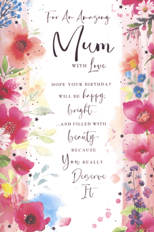 Celebrate the wonderful Mums in your life with this truly beautiful birthday card. Featuring a stunning watercolour design, vibrant pinks, reds, and blues burst forth, creating a cheerful and artistic feel. The heartfelt message reads, "For An Amazing Mum WITH Love, Hope your birthday will be happy, bright... and filled with beauty - BECAUSE You REALLY Deserve It." It's the perfect way to show appreciation and make her day extra special.

This gorgeous card is sure to bring a smile.
Product name: Mum
Pack size: 1x6
Supplier: Simon Elvin