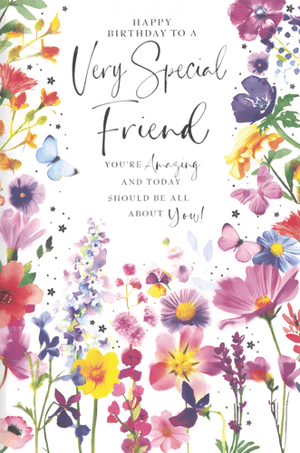 Brighten her special day with this exquisite 'Friend Female' birthday card from Simon Elvin. Featuring a beautiful watercolour design of vibrant flowers and delicate butterflies, it's a truly lovely way to celebrate. The heartfelt message inside reads: 'Happy Birthday to a Very Special Friend, You're Amazing and Today Should Be All About You!' This delightful card is perfect for showing a cherished friend just how much they mean to you on their birthday.