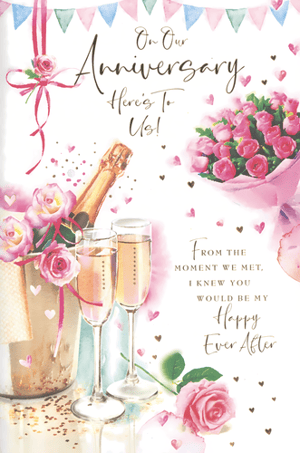 Celebrate enduring love with our beautiful 'Our Wedding Anniversary' card. This exquisite design features a charming watercolour illustration of a champagne bottle chilling amongst delicate pink roses, perfectly paired with two sparkling flutes. A delightful bouquet of roses and scattered hearts add to the romantic atmosphere.

The heartfelt messages, "On Our Anniversary Here's To Us!" and "From the moment we met, I knew you would be my Happy Ever After", make this card truly special. Perfect for couples celebrating their journey together, it's an elegant way to express love and joy. Stock up on this popular design from Simon Elvin, available in a convenient pack of 6.