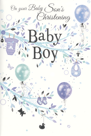 Celebrate a precious milestone with our charming 'Christening Boy' card, perfect for welcoming a little one into the world. This delightful design features a gentle palette of soft blues and purples, creating a serene and joyful atmosphere. Delicate branches adorned with sweet baby essentials like tiny booties, a cute onesie, and a playful bib frame the heartfelt message 'On your Baby Son's Christening'.
Adorned with whimsical balloons, fluttering butterflies, and adorable baby toys such as a teddy bear and rubber duck, this card is truly special. It's an ideal choice for customers looking for a beautiful and traditional way to congratulate new parents. Supplied by Simon Elvin, each pack contains 6 'Christening Boy' cards, ensuring you're well-stocked for this popular occasion.