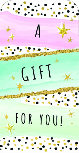 A greeting card with balloons and the words, "Just for you."