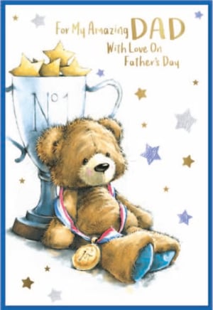 a father 's day card with a teddy bear wearing a medal