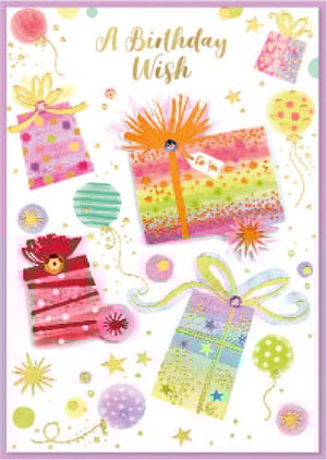 a birthday wish card with gifts and balloons on it
