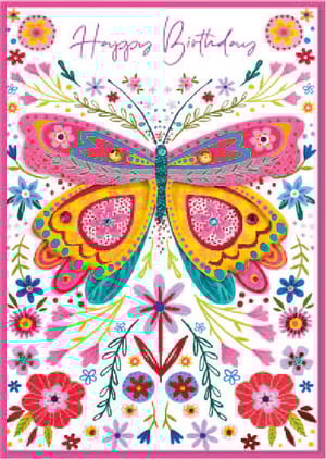 a birthday card with a butterfly and flowers on it