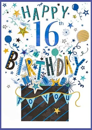 a happy 16th birthday card for a boy with balloons , stars , and gifts coming out of a box .