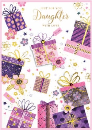 a birthday card for a daughter with purple and pink gifts and flowers .