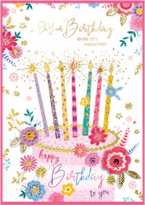 a birthday card with a cake and candles on it .