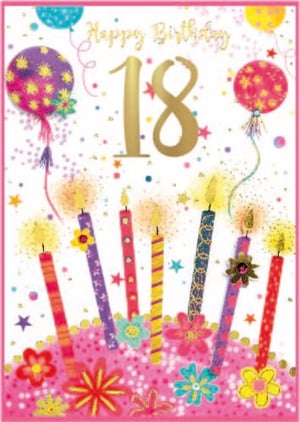 a happy 18th birthday card with candles and balloons