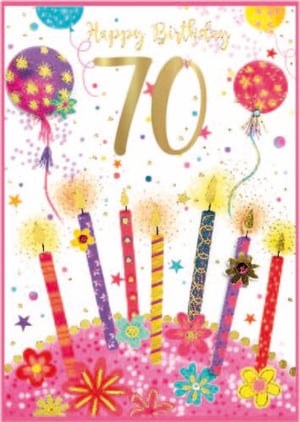 a happy 70th birthday card with candles and balloons
