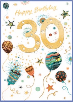 a 30th birthday card with balloons and fireworks