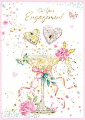 a greeting card for an engagement with a martini glass and hearts on it .