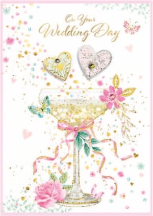 a wedding day card with a martini glass and hearts on it