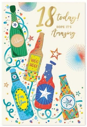 a 18th birthday card with a bunch of beer bottles on it .