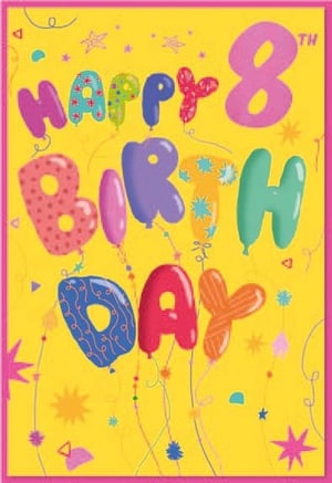 a happy 8th birthday card with balloons and stars on a yellow background .
