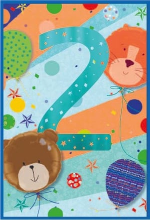 a birthday card for a boy with a teddy bear and a lion holding balloons .