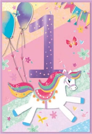 a first birthday card for a girl with a unicorn and balloons .