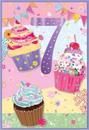 a birthday card for a girl with cupcakes and the number seven on it .