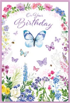 a birthday card with butterflies and flowers on it